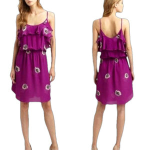 Rebecca Taylor Silk Blend Mini Dress Purple White Floral Strappy Ruffles Size 6